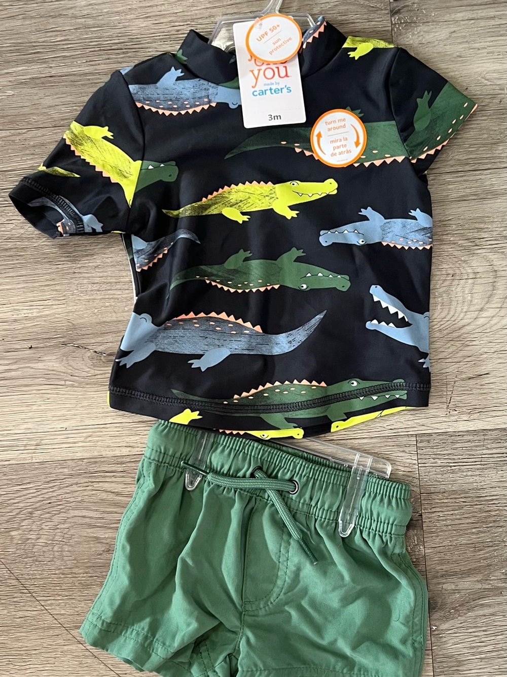 Carter's Black Crocodile Print Rash Guard with Green Shorts